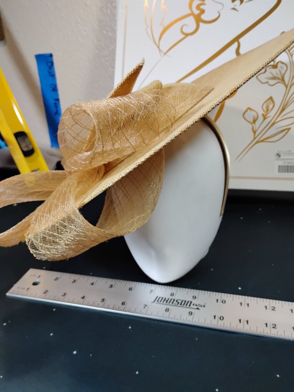 Gold Fascinator Hat Wide Brim Kentucky Derby Tea Party Wedding Headband